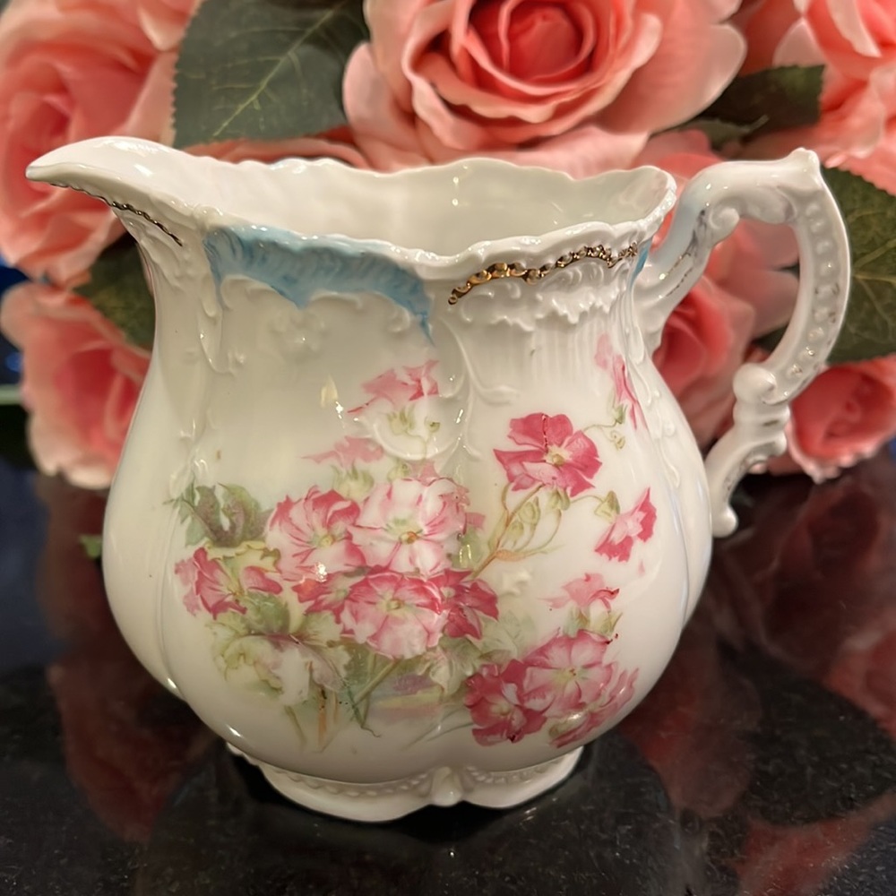 WEIMAR Porcelain CREAMER, Antique - Made in Germany ~ Pink Roses, Green Leaves